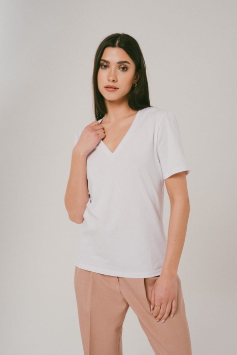 T-shirt Natural, V-neck bawełniany, biały