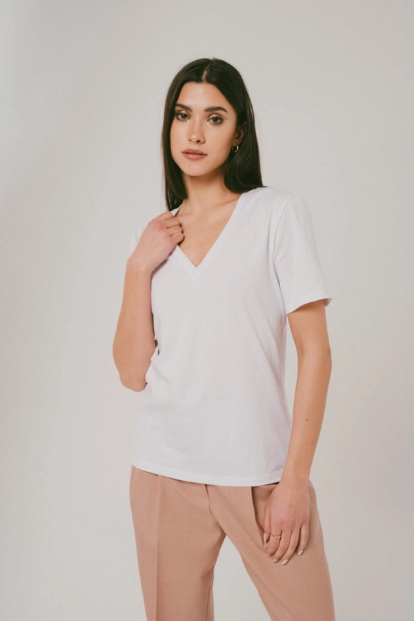T-shirt Natural, V-neck bawełniany, biały