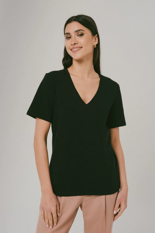 T-shirt Natural, V-neck bawełniany, czarny