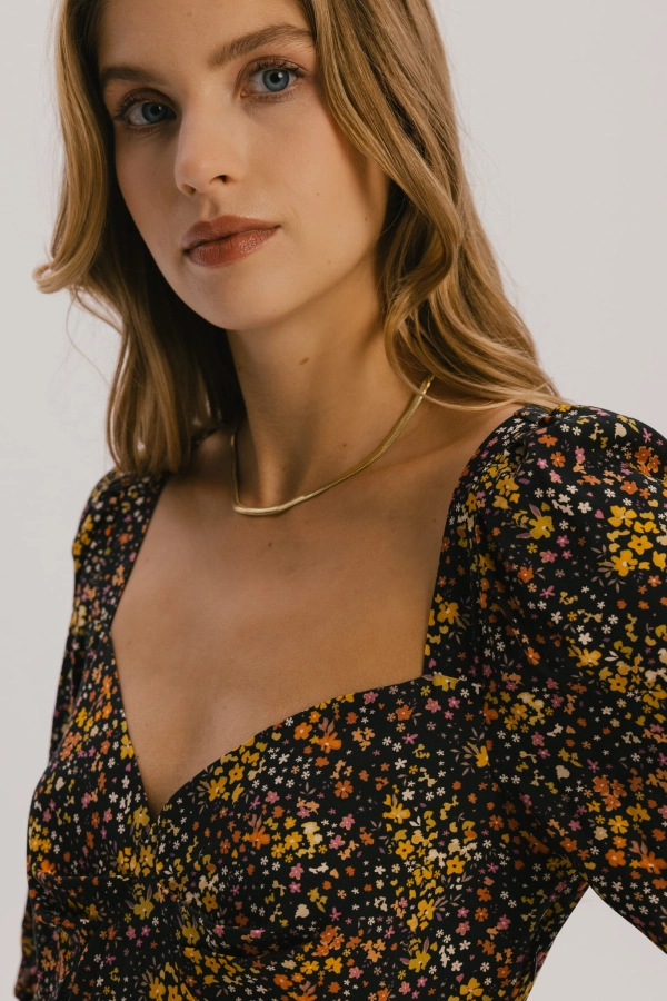 Sukienka z wiskozy Violet z rękawem, w żółte kwiaty