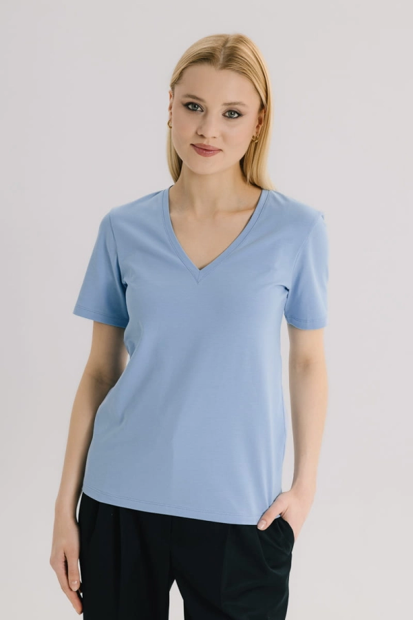 T-shirt Natural, V-neck bawełniany, niebieski