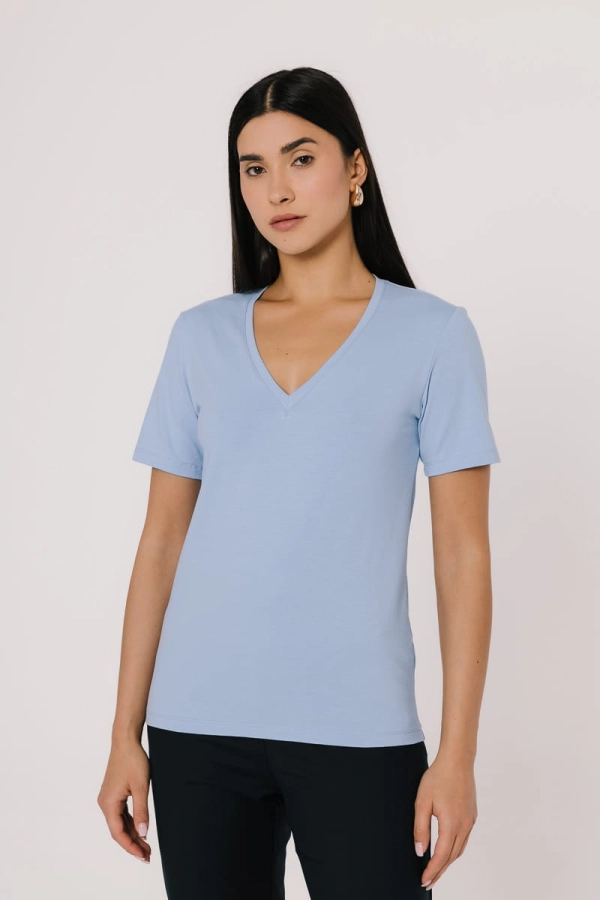T-shirt Natural, V-neck bawełniany, niebieski