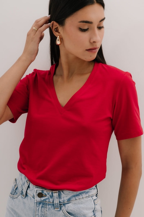 T-shirt Natural V-neck bawełniany, czerwony