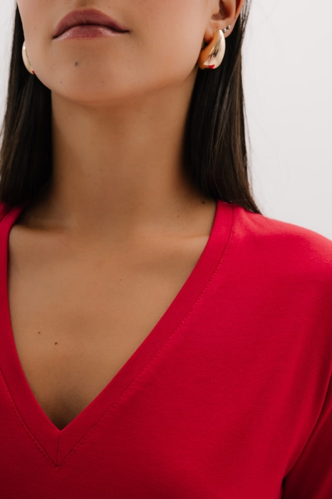 T-shirt Natural V-neck bawełniany, czerwony