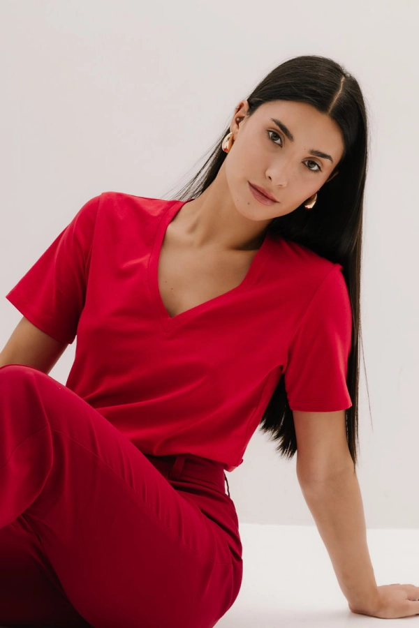 T-shirt Natural V-neck bawełniany, czerwony