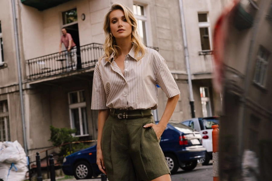 Koszula Vernazza bawełniana, beżowa w paski