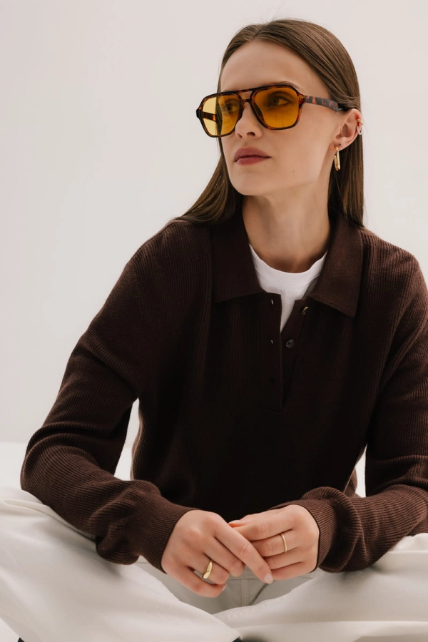 Sweter Polo wełniano-bawełniany, brązowy