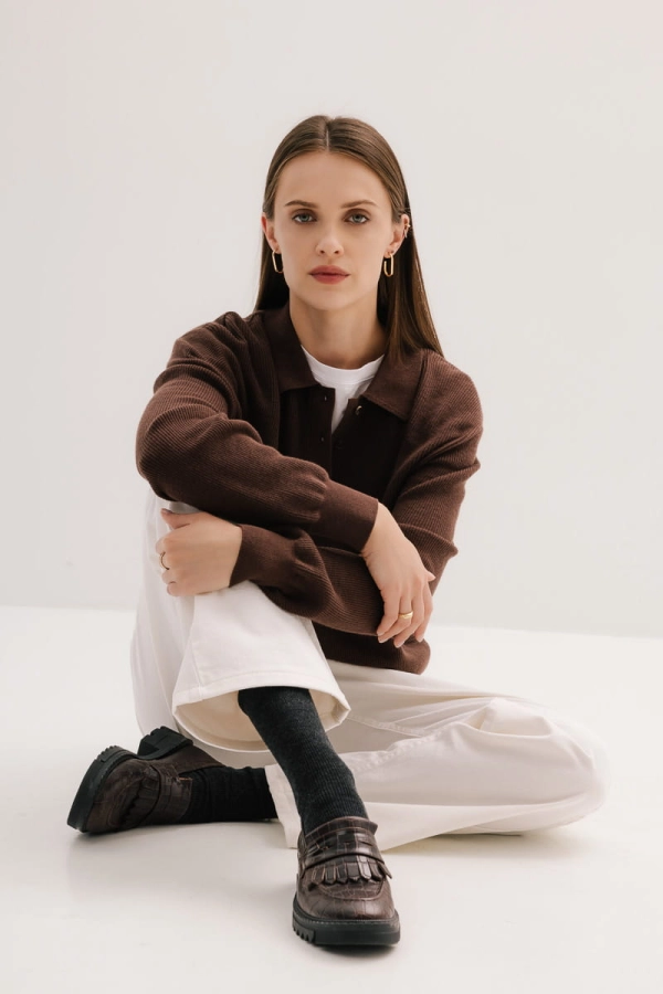 Sweter Polo wełniano-bawełniany, brązowy