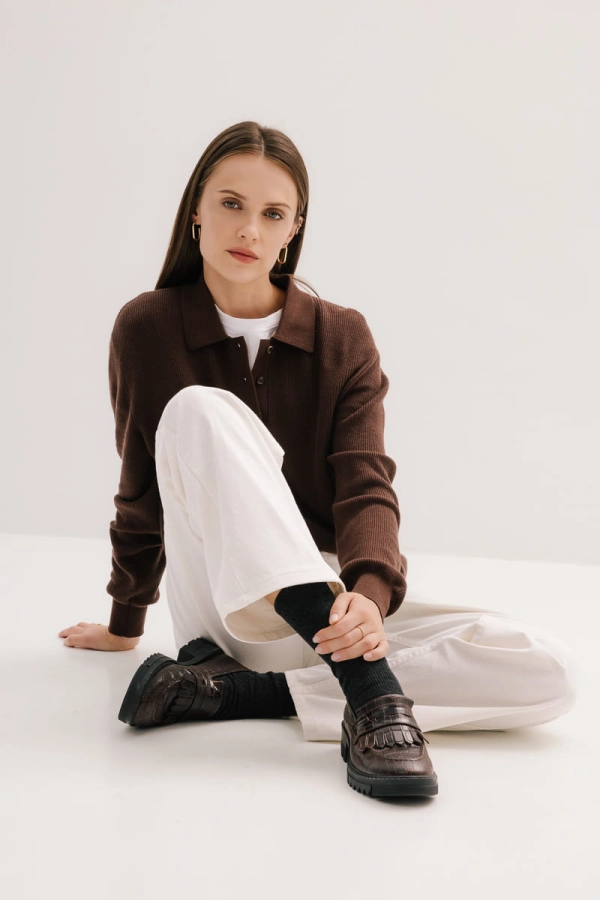 Sweter Polo wełniano-bawełniany, brązowy