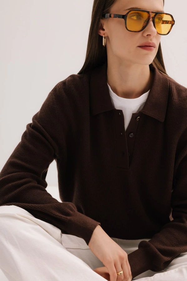 Sweter Polo wełniano-bawełniany, brązowy