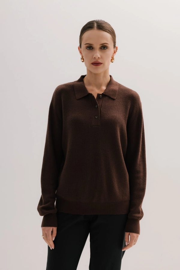 Sweter Polo wełniano-bawełniany, brązowy