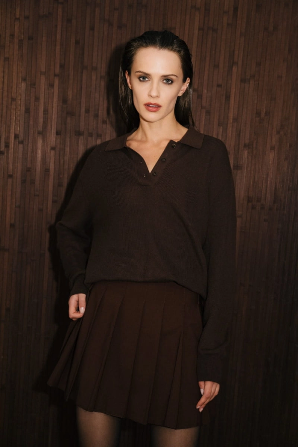 Sweter Polo wełniano-bawełniany, brązowy