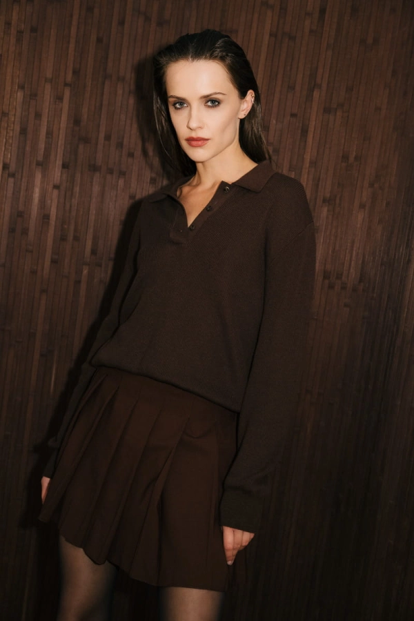 Sweter Polo wełniano-bawełniany, brązowy