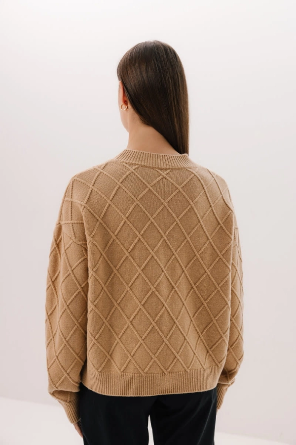 Sweter wełniany w romby Karo, beżowy