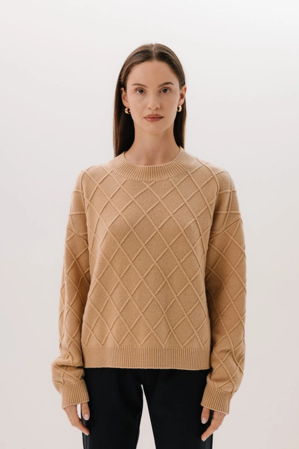 Sweter wełniany w romby Karo, beżowy