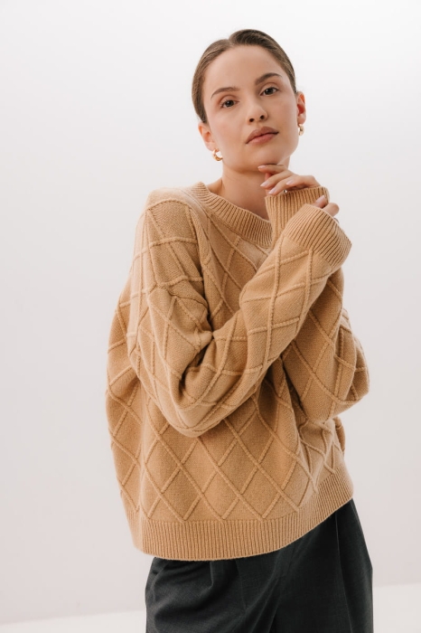 Sweter wełniany w romby Karo, beżowy