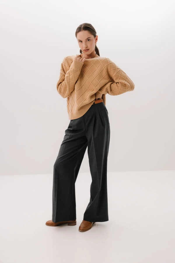 Sweter wełniany w romby Karo, beżowy