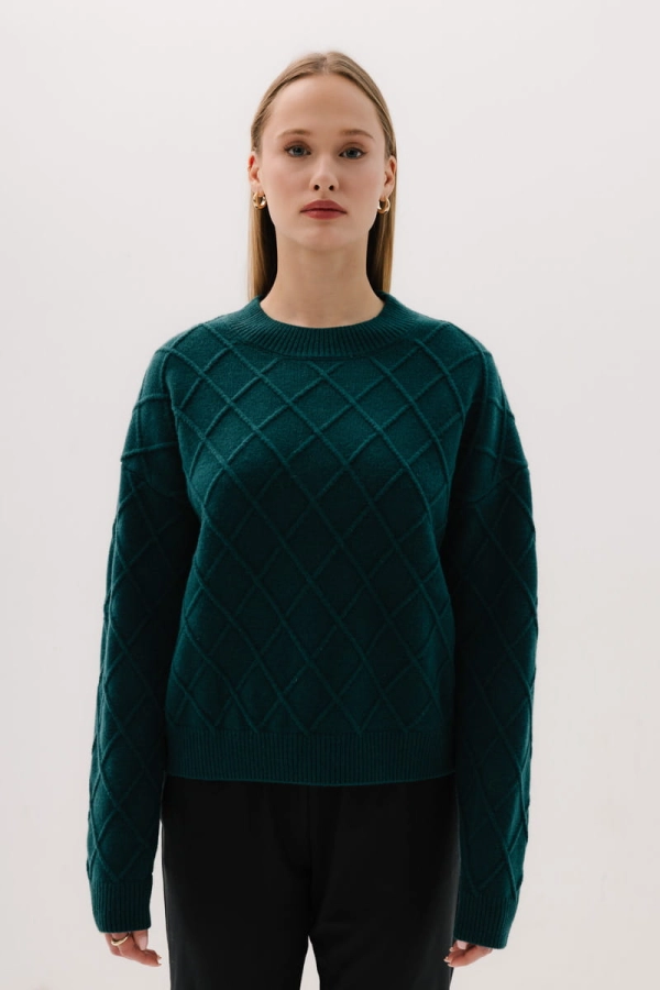Sweter wełniany w romby Karo, zielony