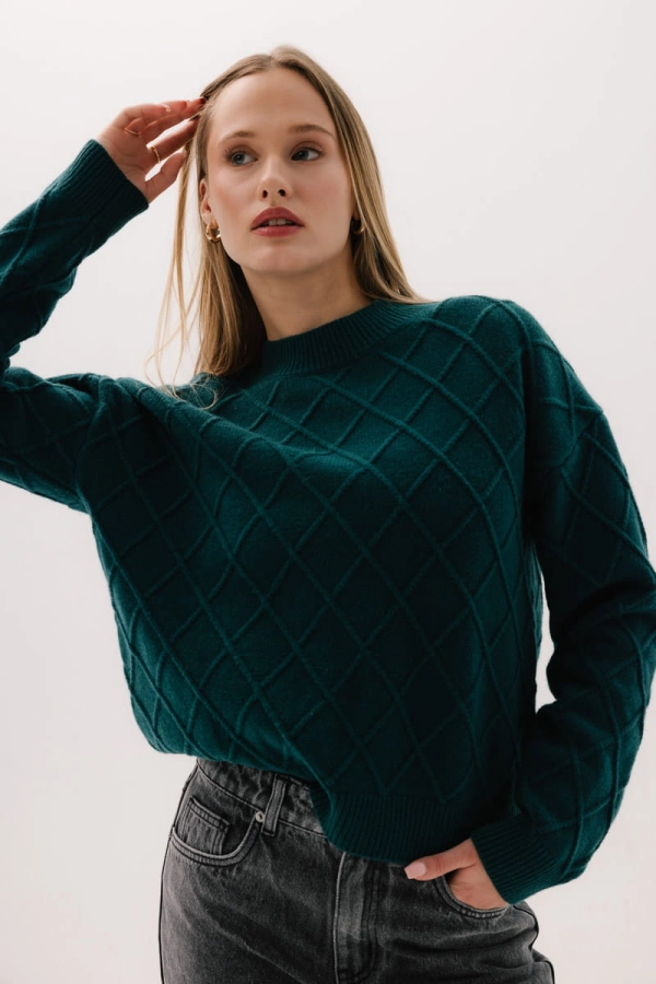 Sweter wełniany w romby Karo, zielony