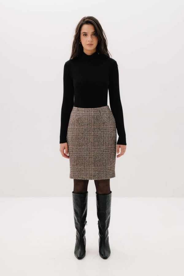 Spódnica Fable wełniana ołówkowa, beżowa kratka