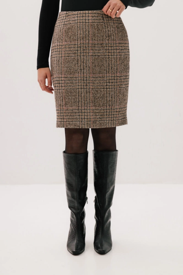 Spódnica Fable wełniana ołówkowa, beżowa kratka