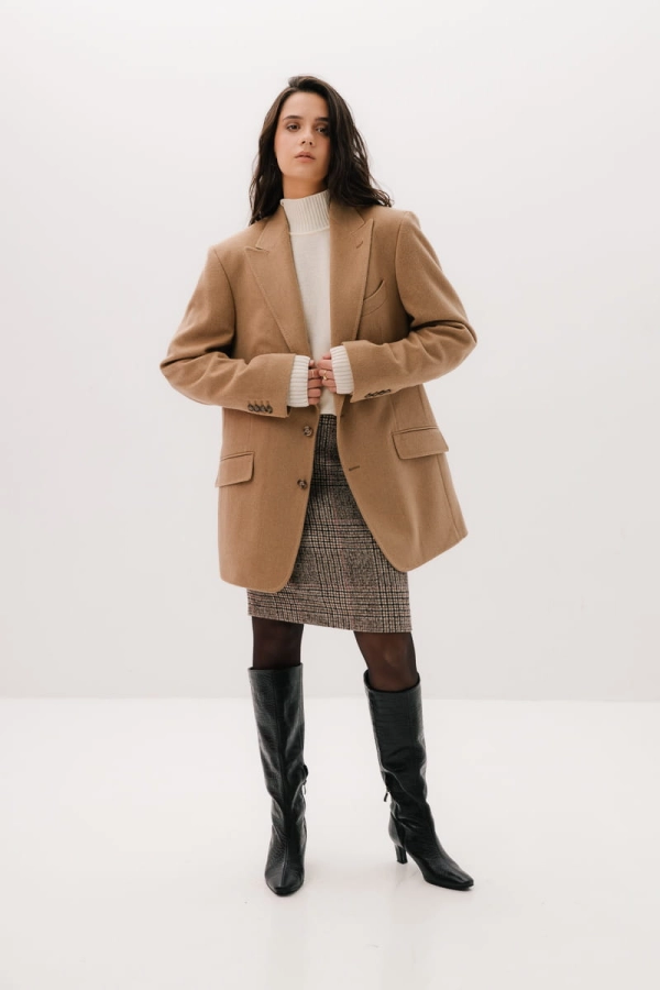 Spódnica Fable wełniana ołówkowa, beżowa kratka