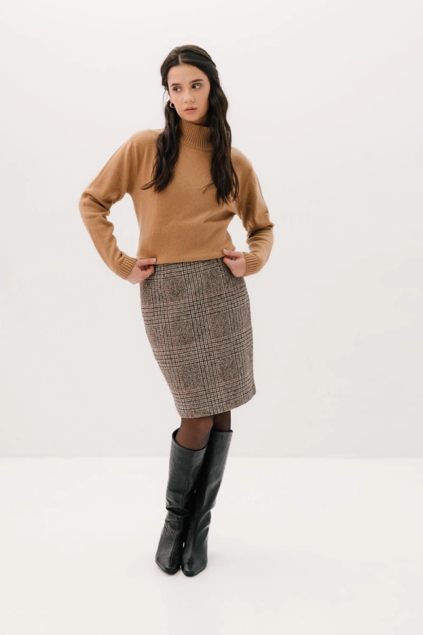 Spódnica Fable wełniana ołówkowa, beżowa kratka