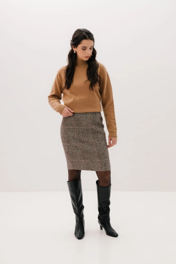 Spódnica Fable wełniana ołówkowa, beżowa kratka