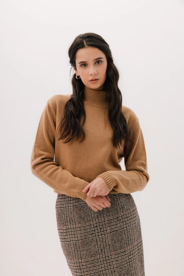 Spódnica Fable wełniana ołówkowa, beżowa kratka