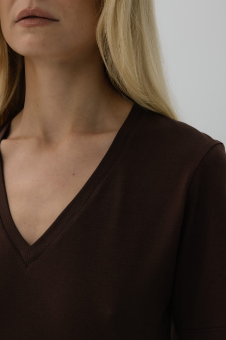 T-shirt Natural, V-neck bawełniany, brązowy