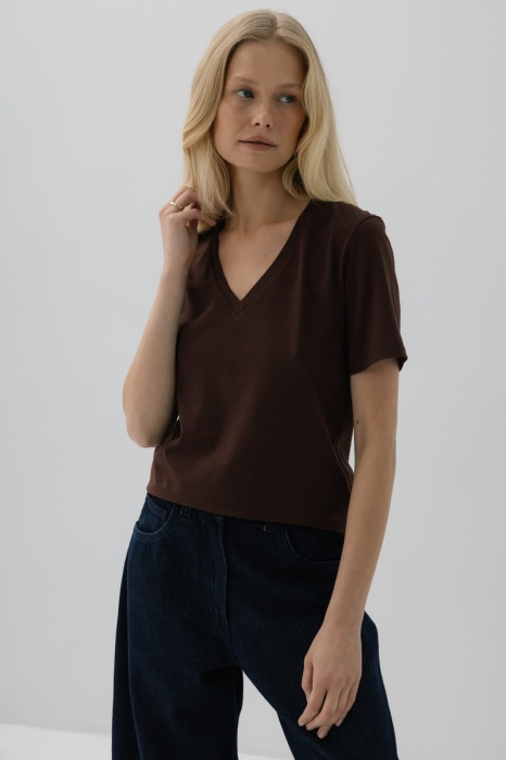 T-shirt Natural, V-neck bawełniany, brązowy
