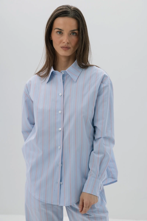 Koszula bawełniana Ravello, niebieska w różowo-czerwone prążki