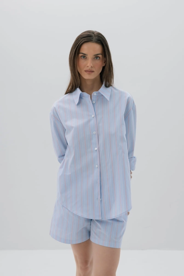 Koszula bawełniana Ravello, niebieska w różowo-czerwone prążki