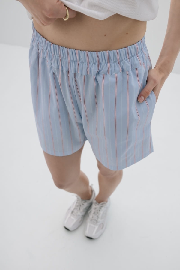 Spodenki bawełniane Portofino, niebieskie w różowo-czerwone prążki