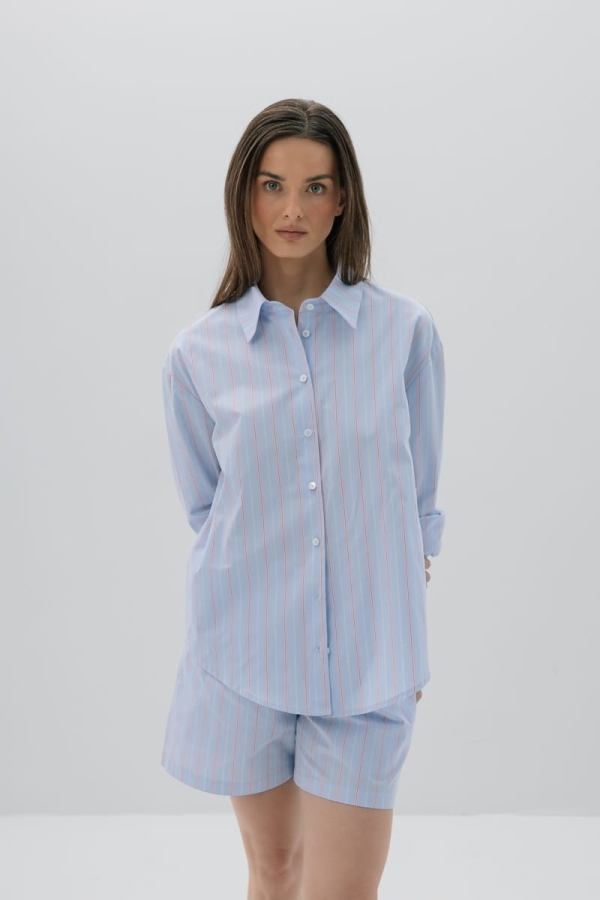 Spodenki bawełniane Portofino, niebieskie w różowo-czerwone prążki