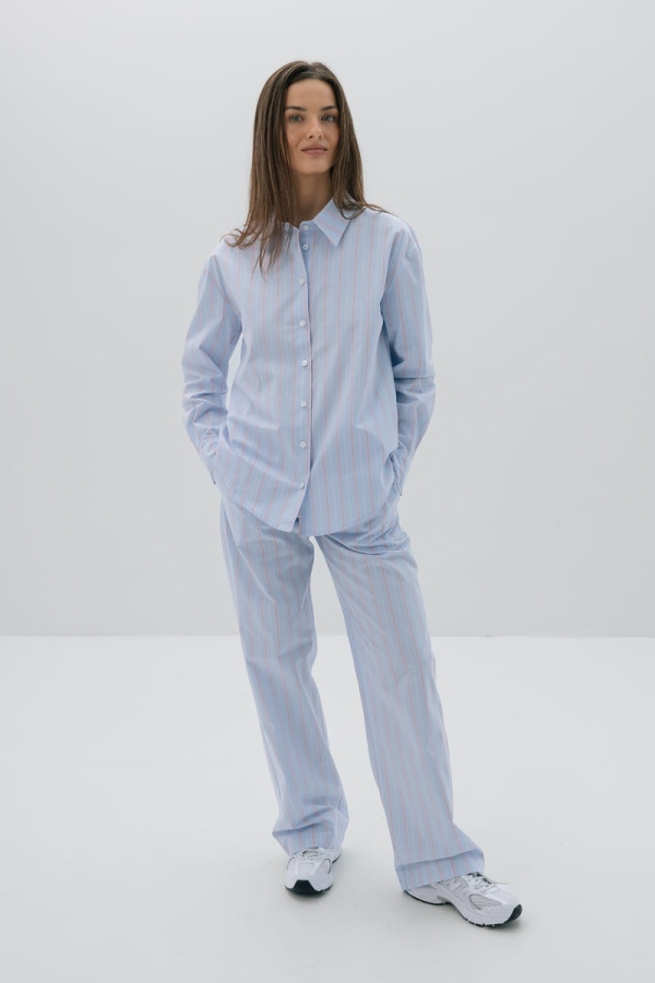 Spodnie bawełniane Positano, niebieskie w różowo-czerwone prązki