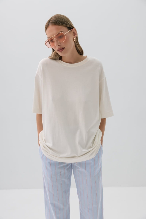 Spodnie bawełniane Positano, niebieskie w różowo-czerwone prązki