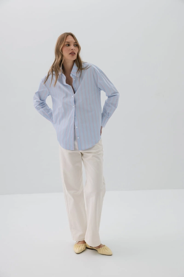 Koszula bawełniana Ravello, niebieska w różowo-czerwone prążki