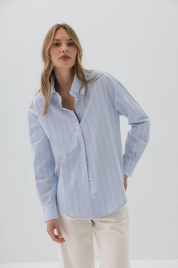 Koszula bawełniana Ravello, niebieska w różowo-czerwone prążki