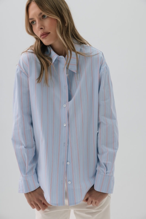 Koszula bawełniana Ravello, niebieska w różowo-czerwone prążki