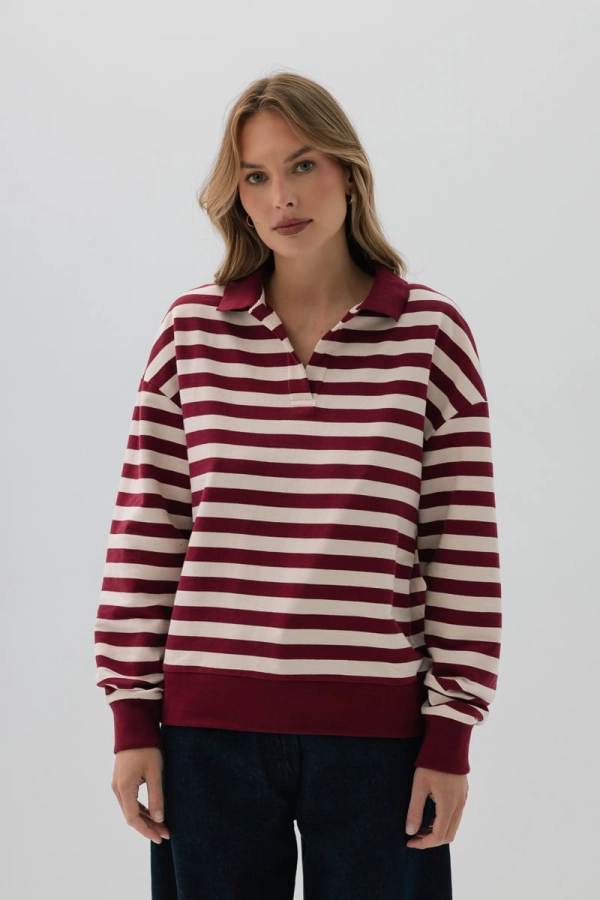 Bluza Polo Janey bawełniana, bordowo-kremowa w paski