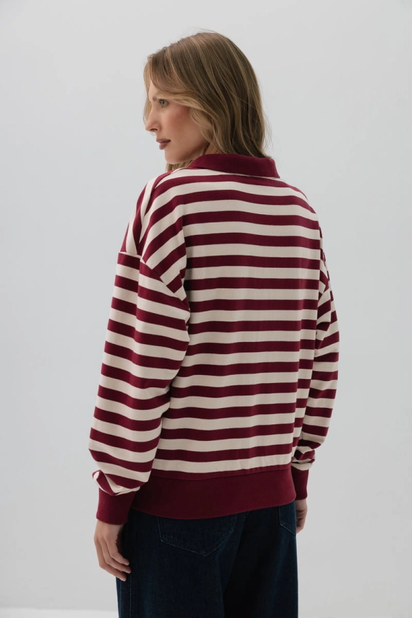 Bluza Polo Janey bawełniana, bordowo-kremowa w paski