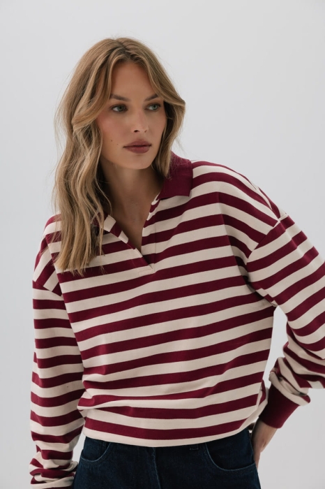 Bluza Polo Janey bawełniana, bordowo-kremowa w paski