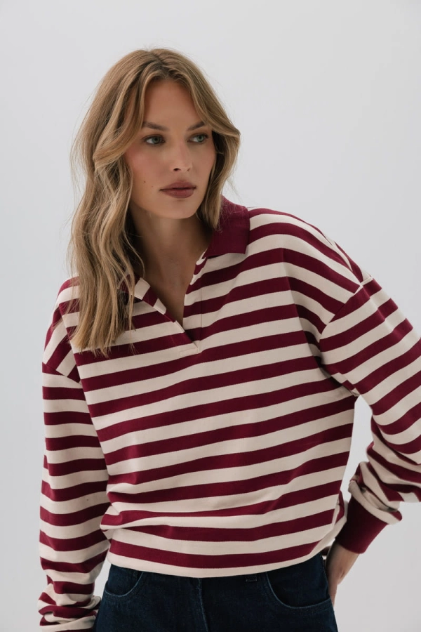 Bluza Polo Janey bawełniana, bordowo-kremowa w paski
