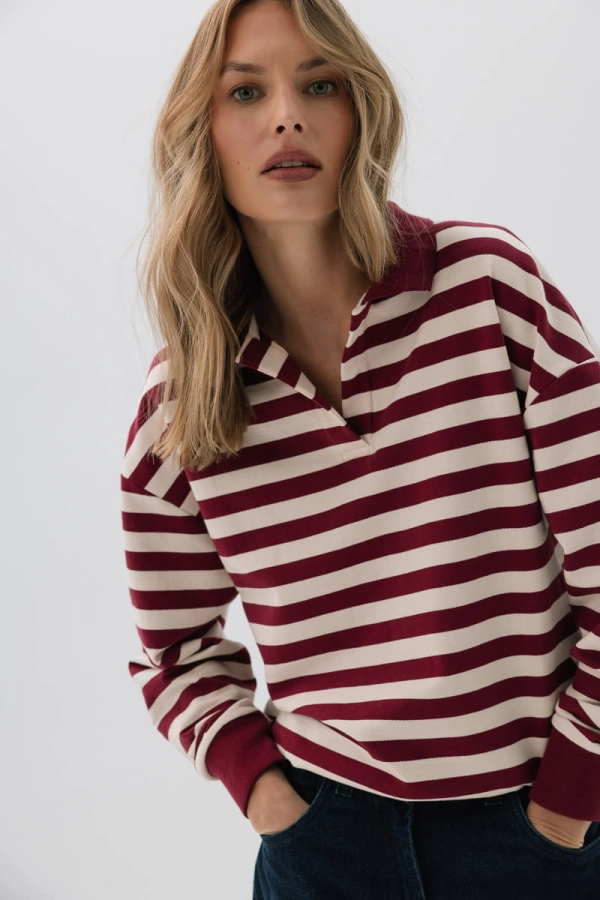 Bluza Polo Janey bawełniana, bordowo-kremowa w paski