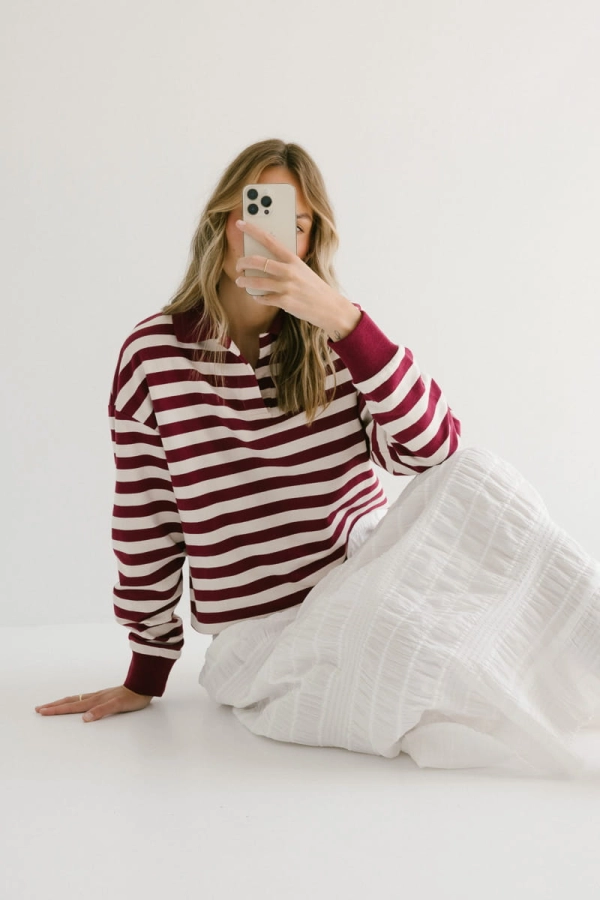 Bluza Polo Janey bawełniana, bordowo-kremowa w paski