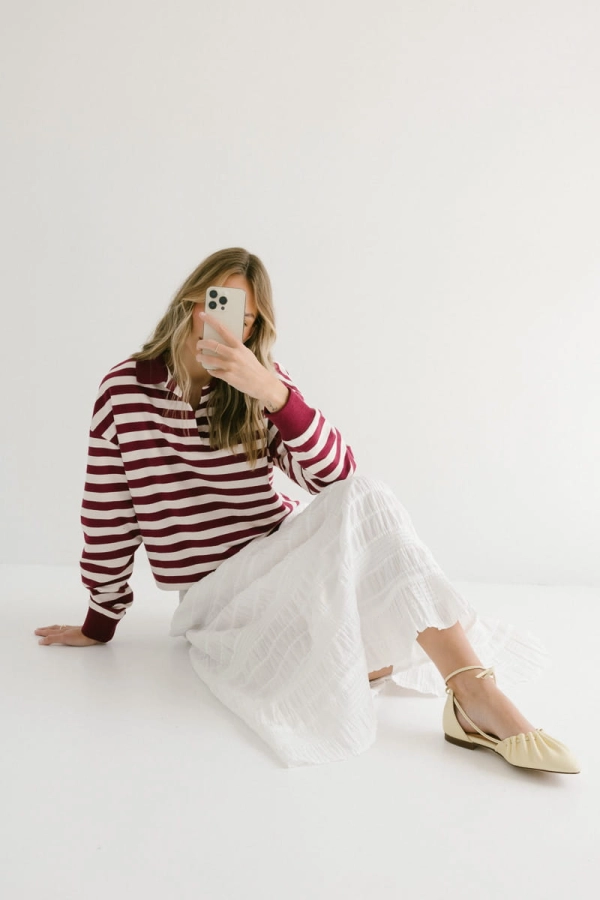 Bluza Polo Janey bawełniana, bordowo-kremowa w paski