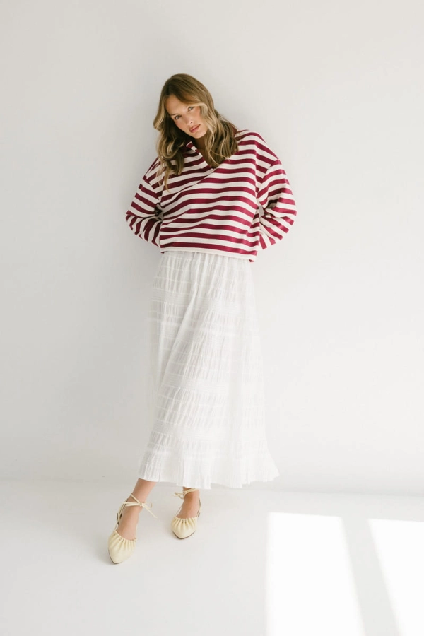 Bluza Polo Janey bawełniana, bordowo-kremowa w paski