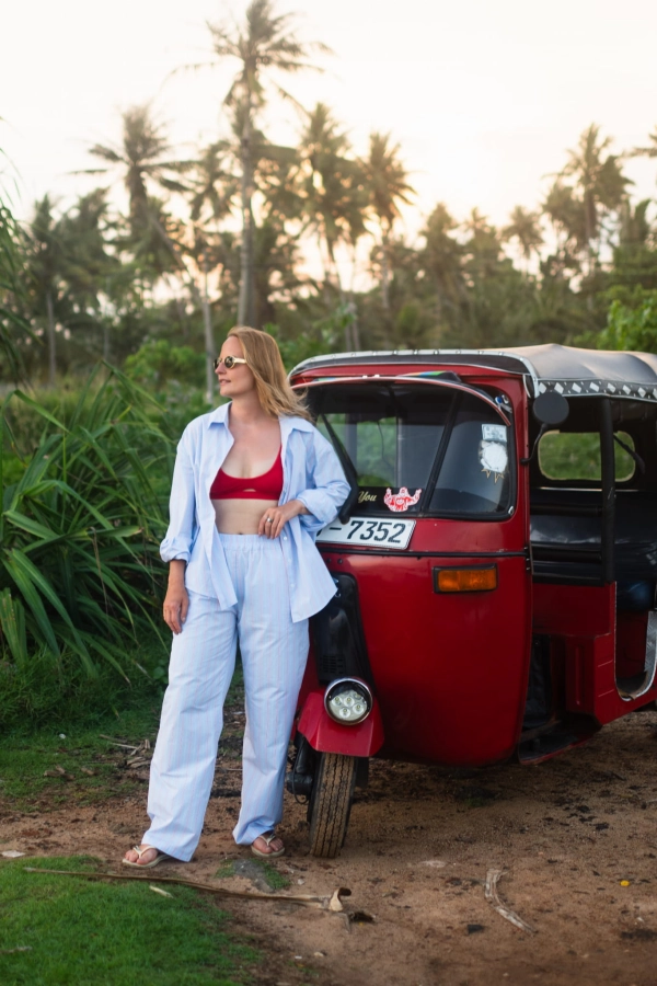 Koszula bawełniana Ravello, niebieska w różowo-czerwone prążki