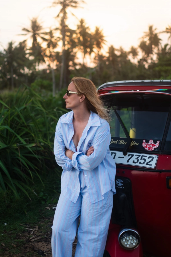 Koszula bawełniana Ravello, niebieska w różowo-czerwone prążki